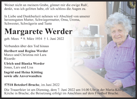 Traueranzeige von Margarete Werder von Rhein-Zeitung