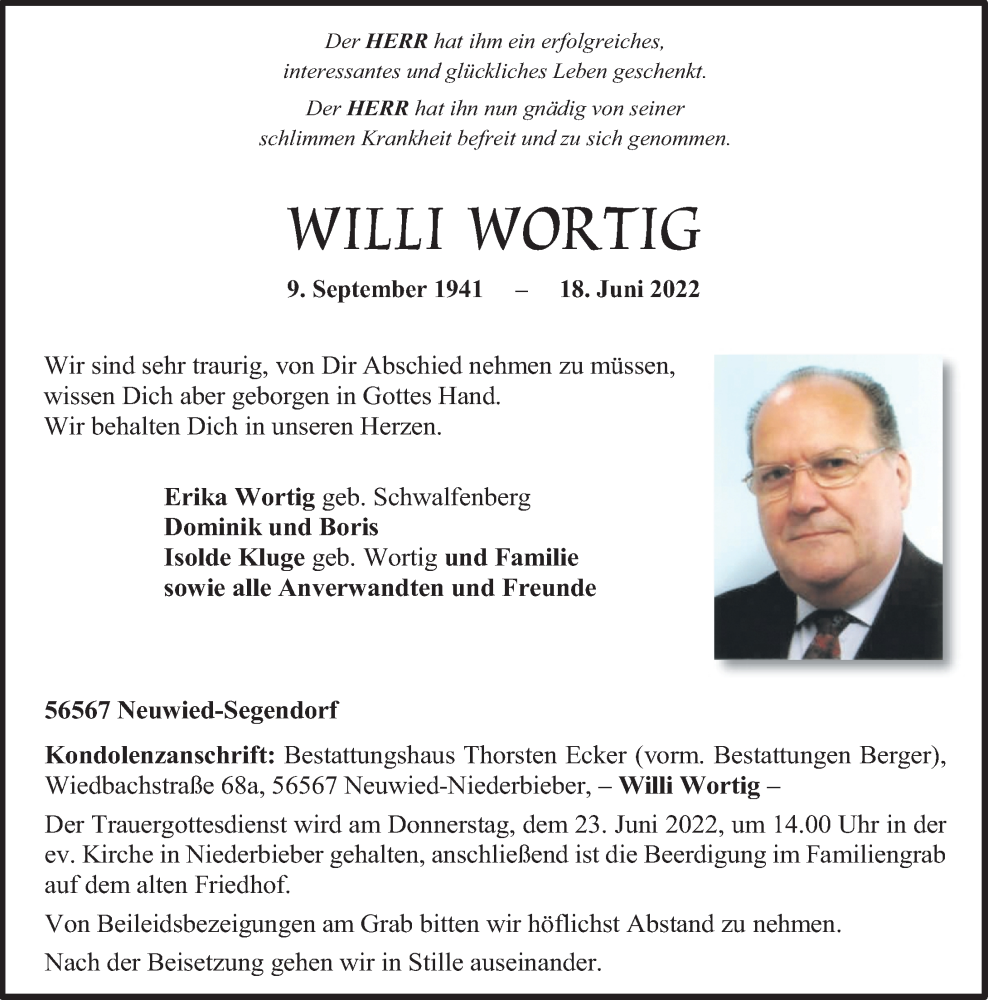  Traueranzeige für Willi Wortig vom 21.06.2022 aus Rhein-Zeitung