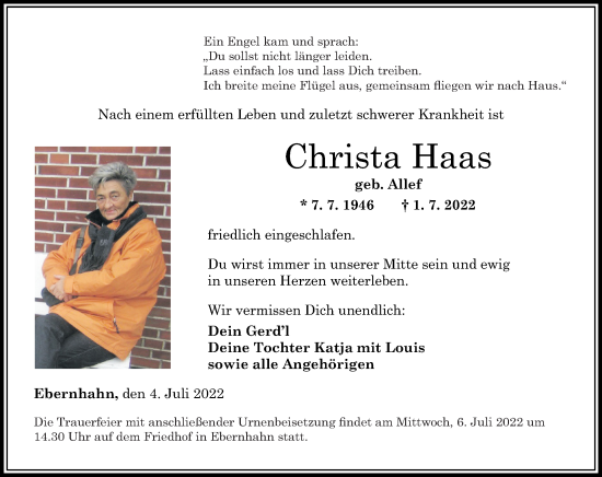 Traueranzeige von Christa Haas von Westerwälder Zeitung