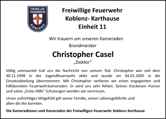 Traueranzeige von Christopher Casel von Rhein-Zeitung