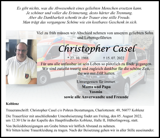 Traueranzeige von Christopher Casel von Rhein-Zeitung