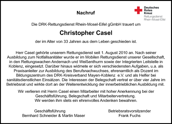 Traueranzeige von Christopher Casel von Rhein-Zeitung