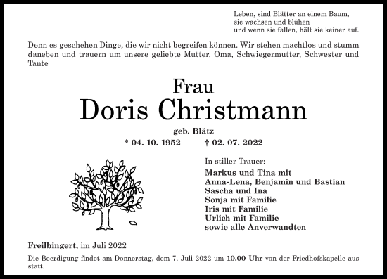 Traueranzeige von Doris Christmann von Oeffentlicher Anzeiger