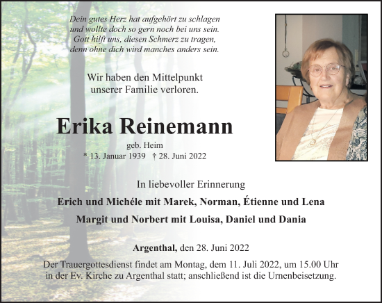 Traueranzeigen von Erika Reinemann | rz-trauer.de