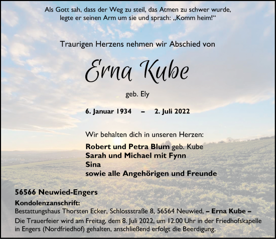 Traueranzeige von Erna Kube von Rhein-Zeitung