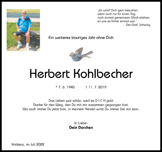 Traueranzeige von Herbert Kohlbecher von Rhein-Zeitung