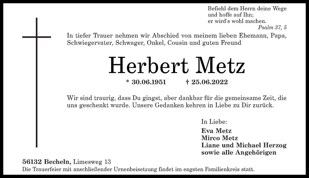 Traueranzeige für Herbert Metz vom 02.07.2022 aus Rhein-Lahn-Zeitung
