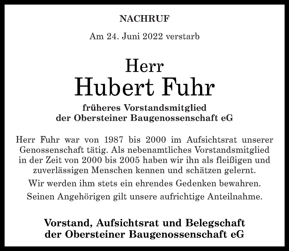  Traueranzeige für Hubert Fuhr vom 09.07.2022 aus Nahe-Zeitung