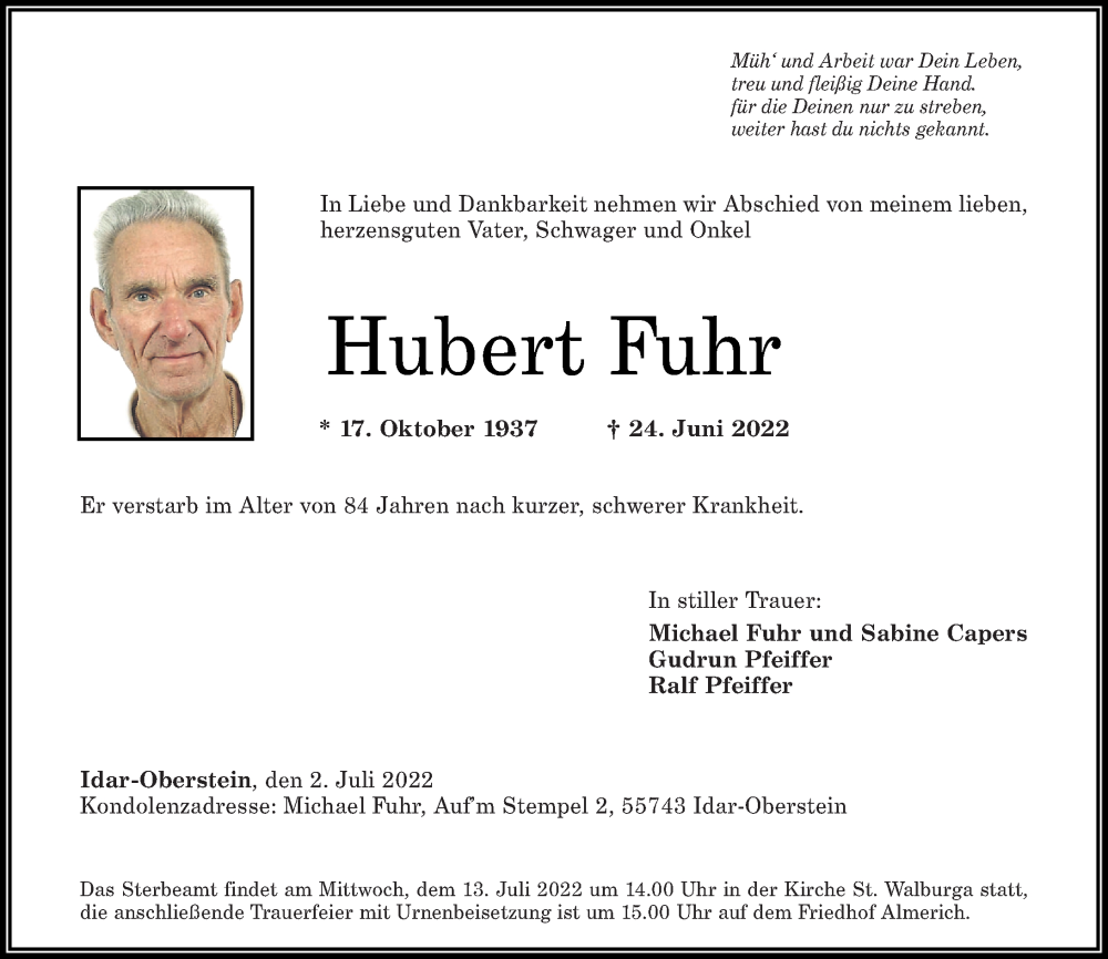  Traueranzeige für Hubert Fuhr vom 02.07.2022 aus Nahe-Zeitung