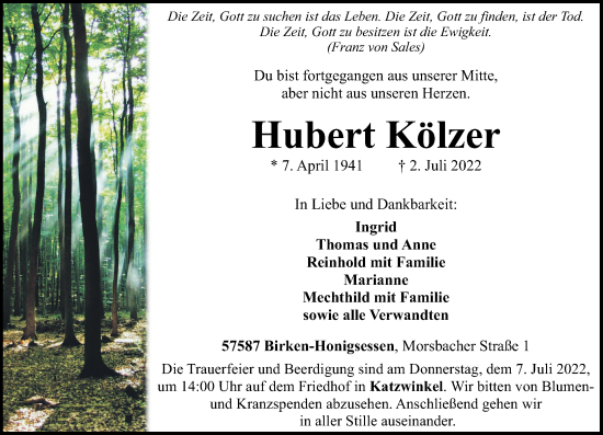 Traueranzeige von Hubert Kölzer von Rhein-Zeitung