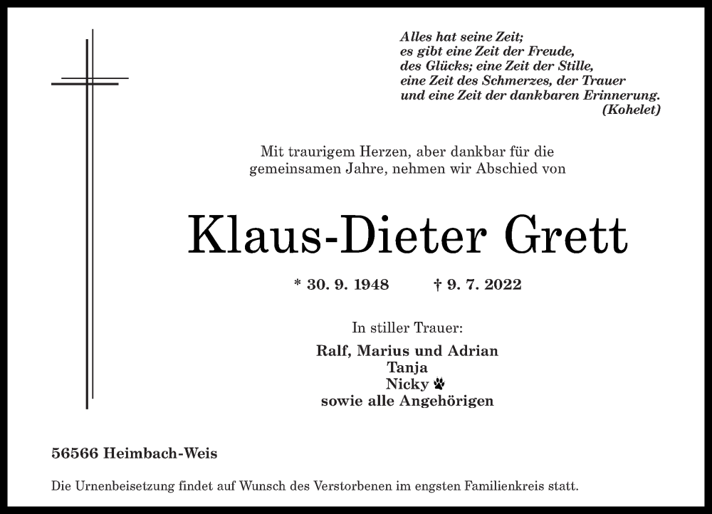  Traueranzeige für Klaus-Dieter Grett vom 16.07.2022 aus Rhein-Zeitung