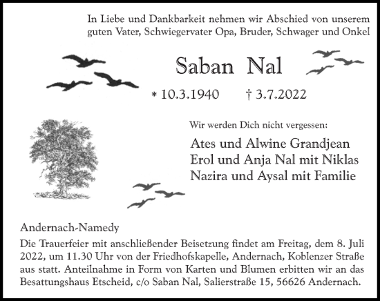 Traueranzeige von Saban Nal von Rhein-Zeitung