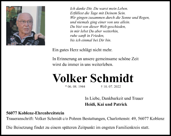 Traueranzeige von Volker Schmidt von Rhein-Zeitung