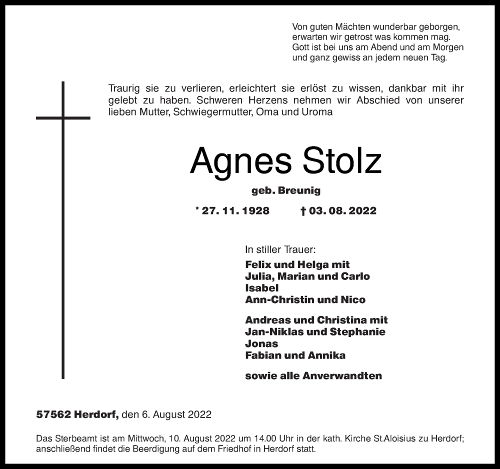  Traueranzeige für Agnes Stolz vom 06.08.2022 aus Rhein-Zeitung