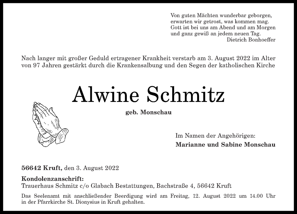  Traueranzeige für Alwine Schmitz vom 06.08.2022 aus Rhein-Zeitung