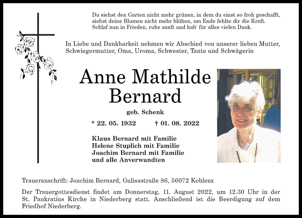  Traueranzeige für Anne Mathilde Bernard vom 06.08.2022 aus Rhein-Zeitung
