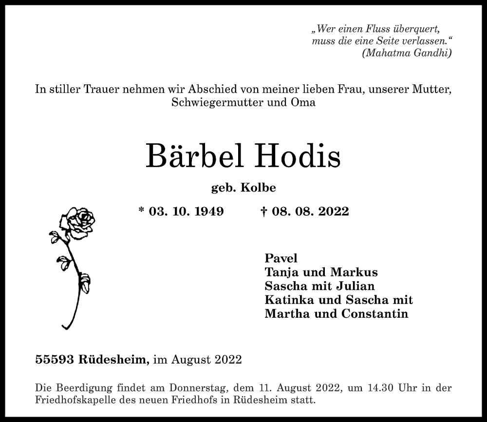  Traueranzeige für Bärbel Hodis vom 10.08.2022 aus Oeffentlicher Anzeiger