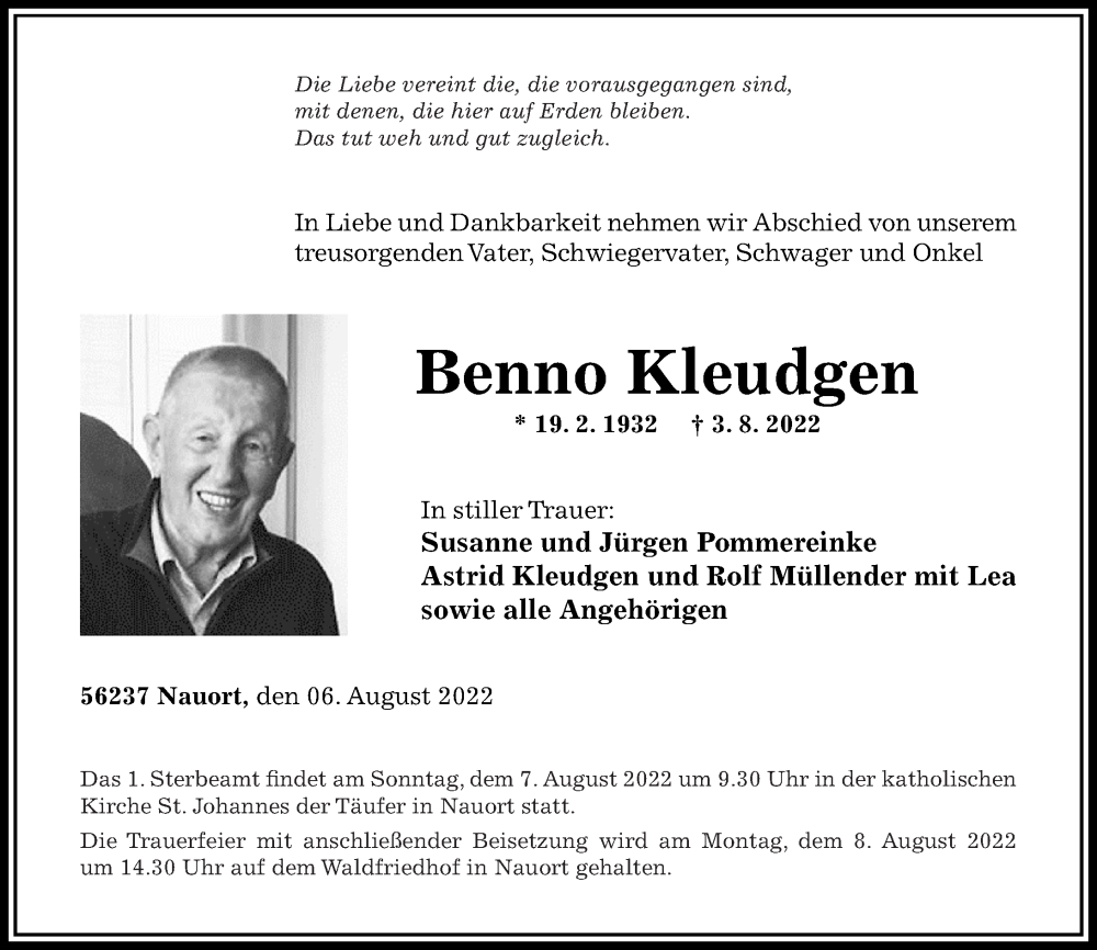  Traueranzeige für Benno Kleudgen vom 06.08.2022 aus Rhein-Zeitung, Westerwälder Zeitung