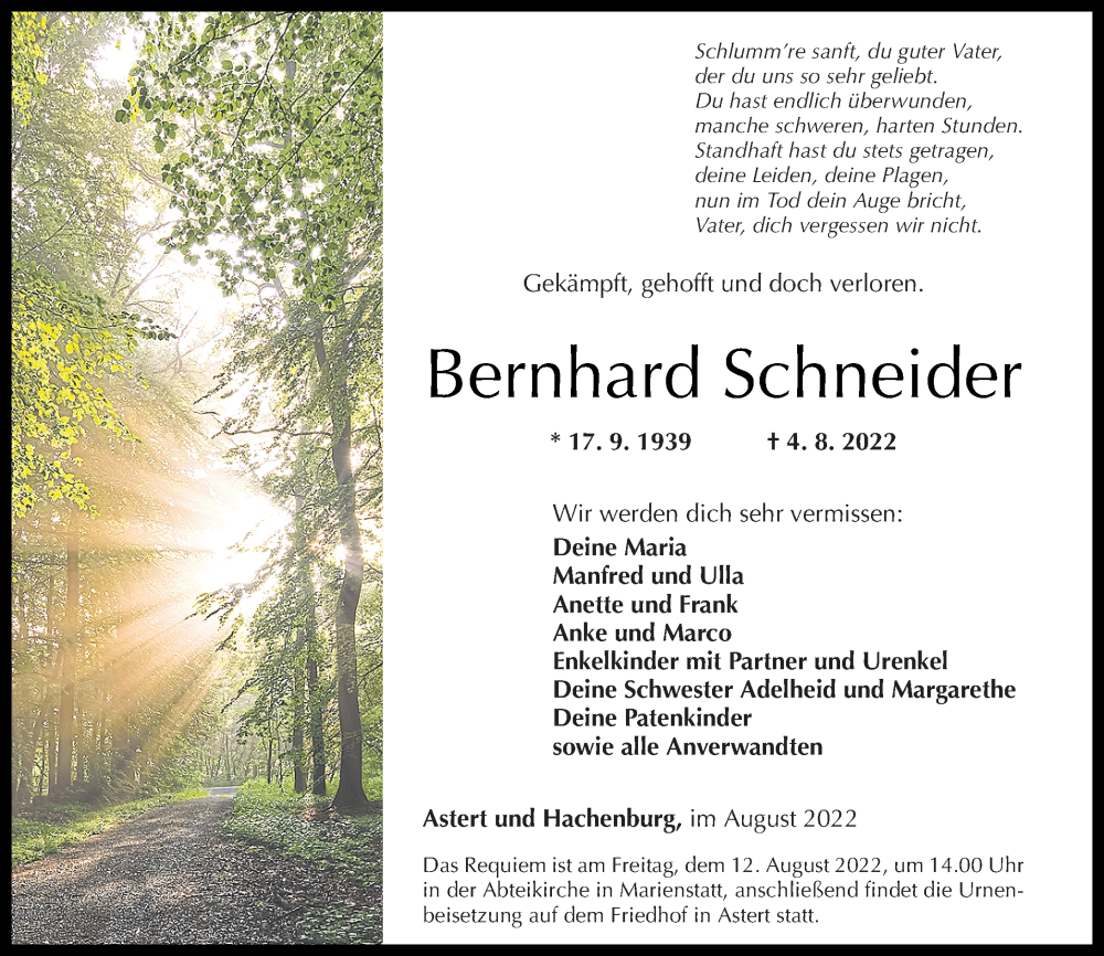 Traueranzeige für Bernhard Schneider vom 06.08.2022 aus Westerwälder Zeitung