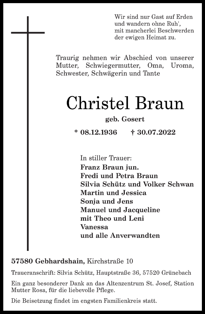 Traueranzeige für Christel Braun vom 04.08.2022 aus Rhein-Zeitung
