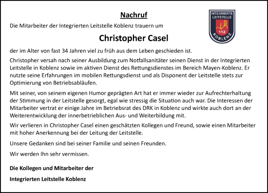 Traueranzeige von Christopher Casel von Rhein-Zeitung