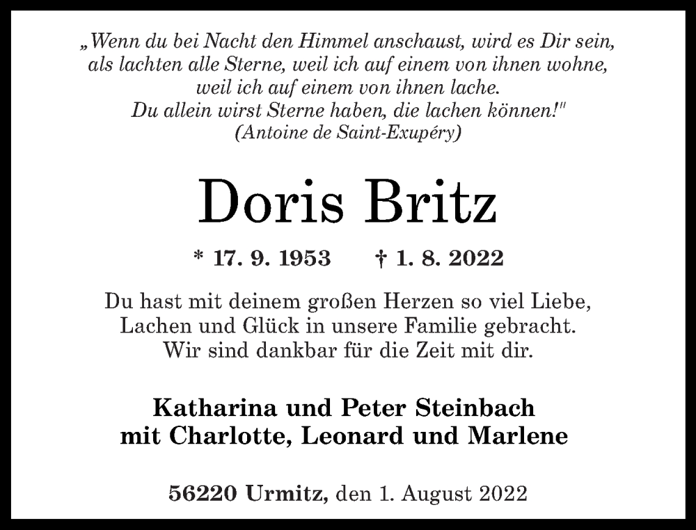  Traueranzeige für Doris Britz vom 06.08.2022 aus Rhein-Zeitung