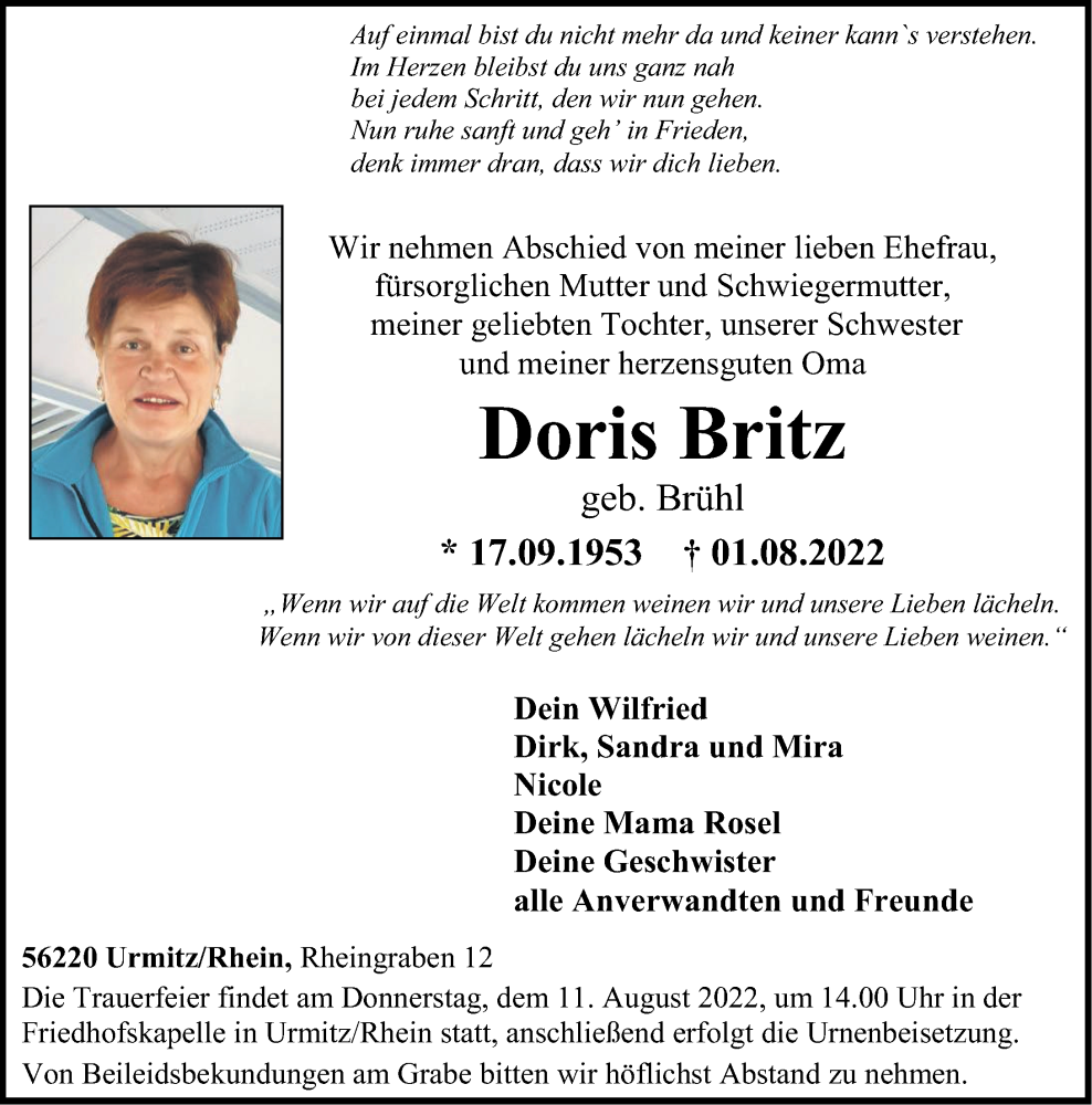  Traueranzeige für Doris Britz vom 06.08.2022 aus Rhein-Zeitung