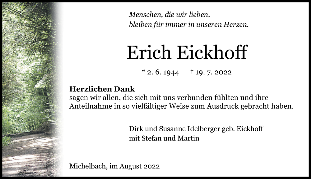  Traueranzeige für Erich Eickhoff vom 27.08.2022 aus Rhein-Zeitung