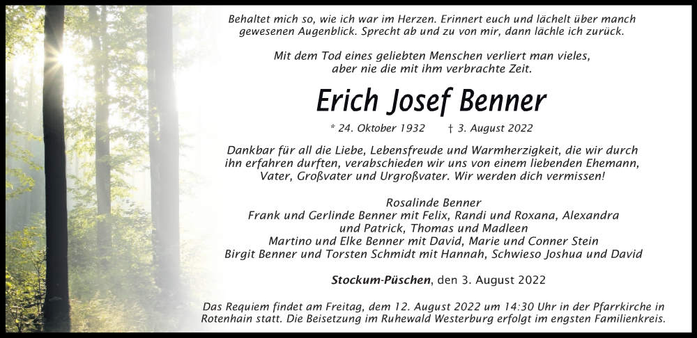  Traueranzeige für Erich Josef Benner vom 06.08.2022 aus Westerwälder Zeitung