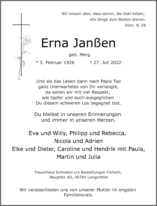 Traueranzeige von Erna Janßen von Rhein-Hunsrück-Zeitung