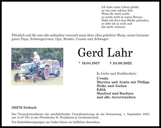 Traueranzeige von Gerd Lahr von Rhein-Zeitung