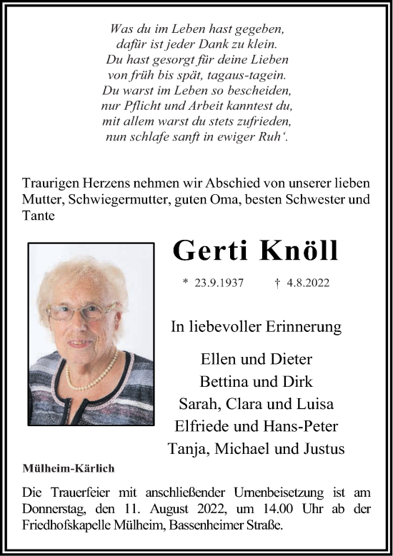 Traueranzeige von Gerti Knöll von Rhein-Zeitung