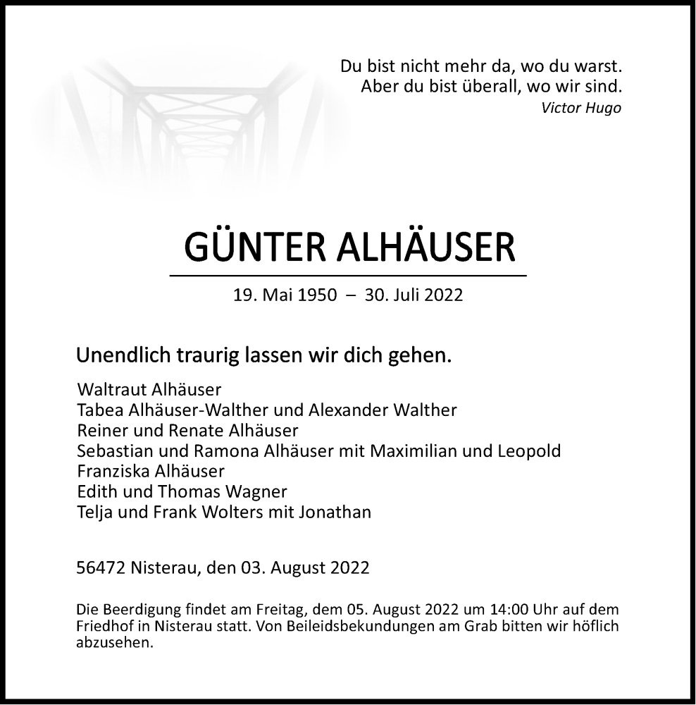  Traueranzeige für Günter Alhäuser vom 03.08.2022 aus Westerwälder Zeitung