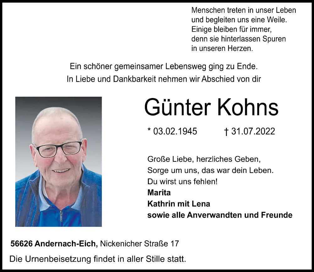  Traueranzeige für Günter Kohns vom 06.08.2022 aus Rhein-Zeitung