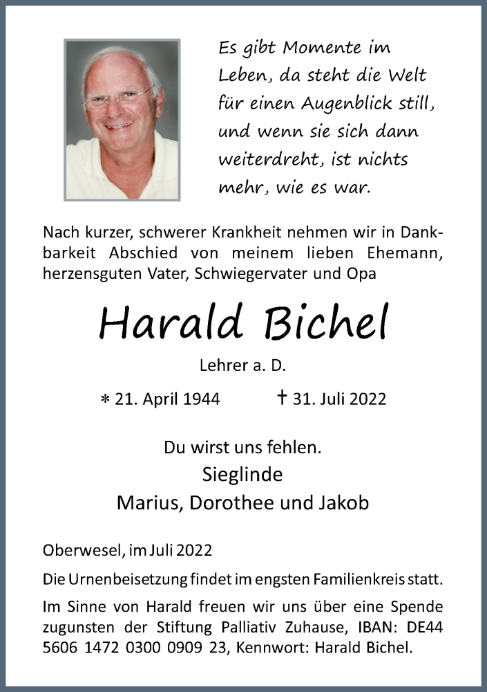  Traueranzeige für Harald Bichel vom 06.08.2022 aus Rhein-Hunsrück-Zeitung