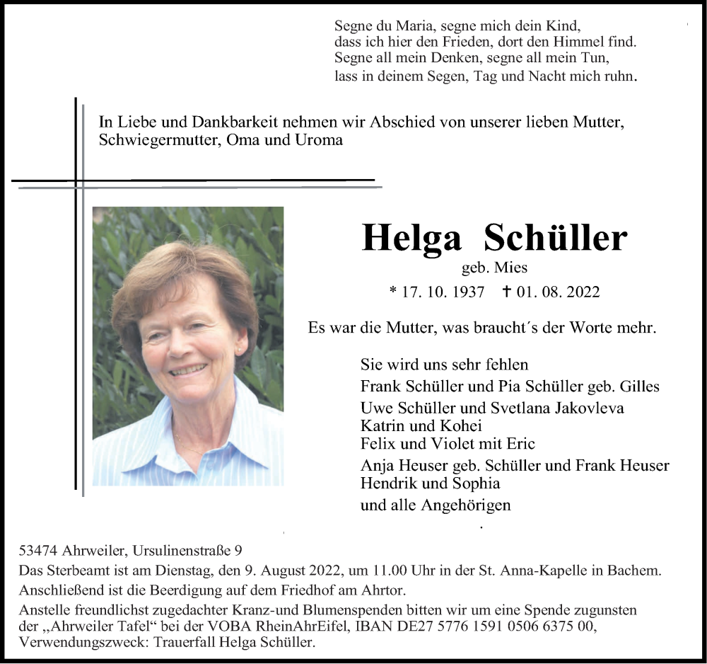  Traueranzeige für Helga Schüller vom 02.08.2022 aus Rhein-Zeitung