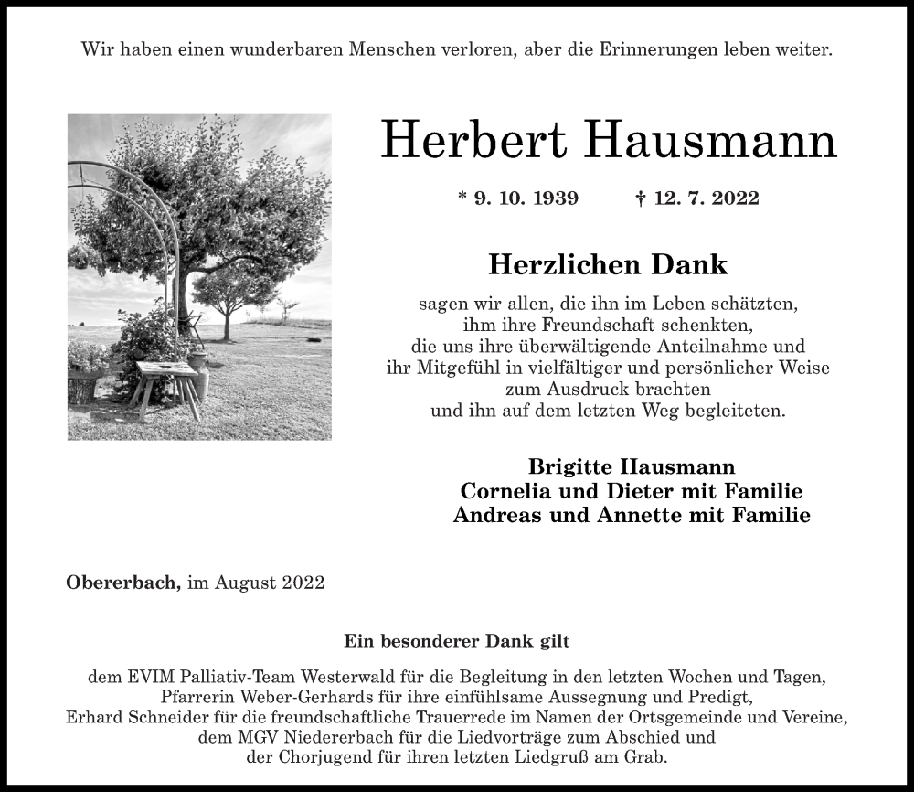  Traueranzeige für Herbert Hausmann vom 27.08.2022 aus Rhein-Zeitung