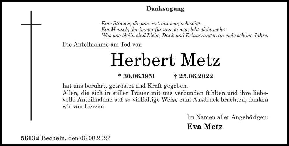  Traueranzeige für Herbert Metz vom 06.08.2022 aus Rhein-Lahn-Zeitung