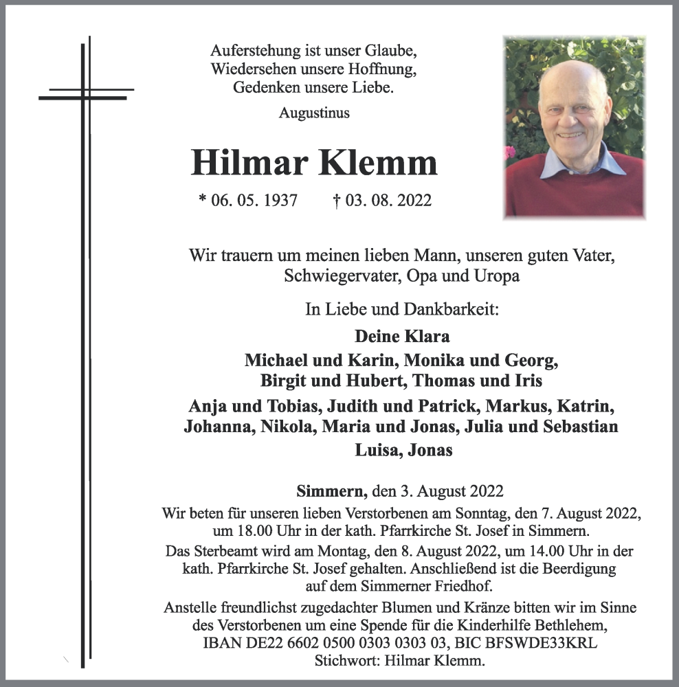  Traueranzeige für Hilmar Klemm vom 06.08.2022 aus Rhein-Hunsrück-Zeitung