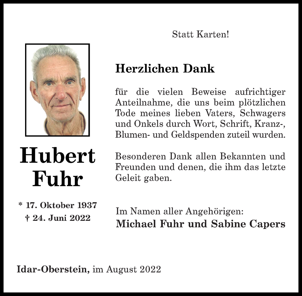  Traueranzeige für Hubert Fuhr vom 06.08.2022 aus Nahe-Zeitung