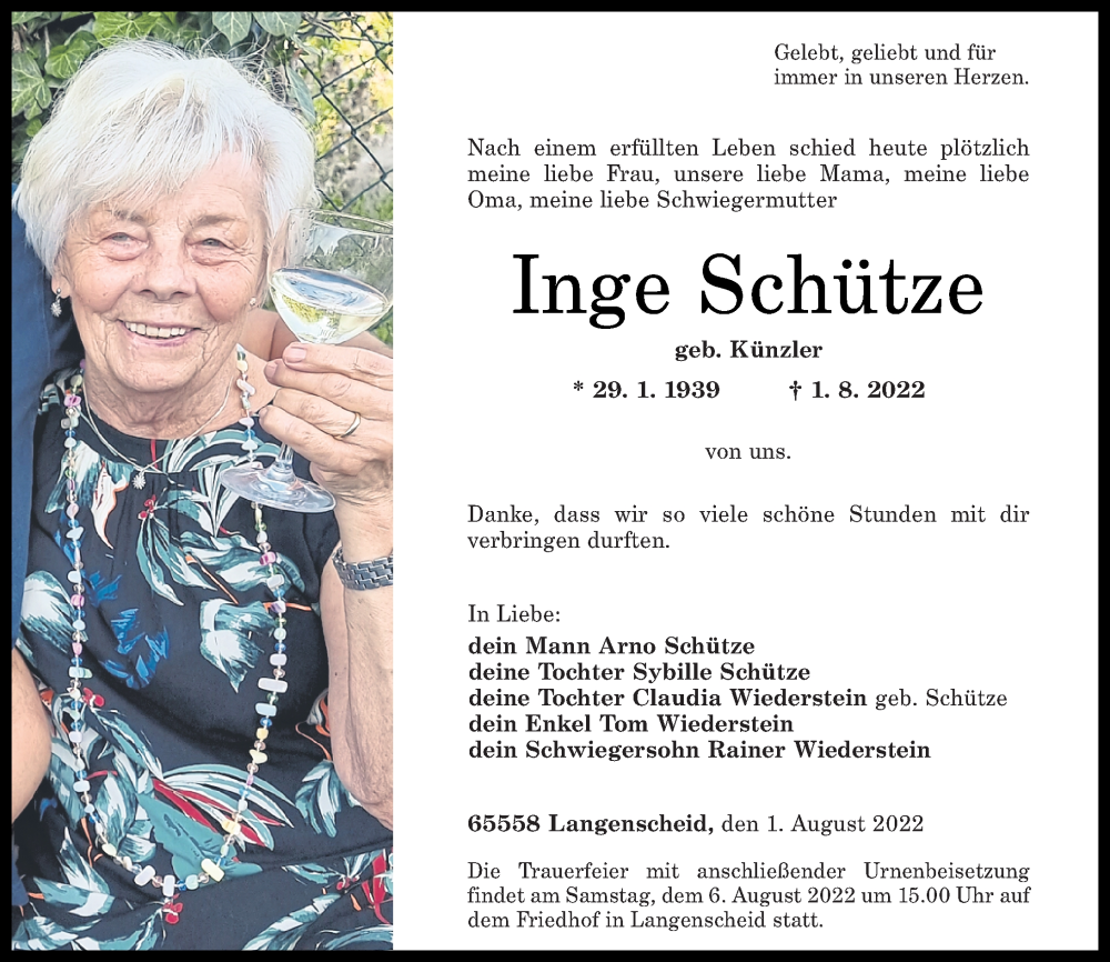  Traueranzeige für Inge Schütze vom 05.08.2022 aus Rhein-Lahn-Zeitung