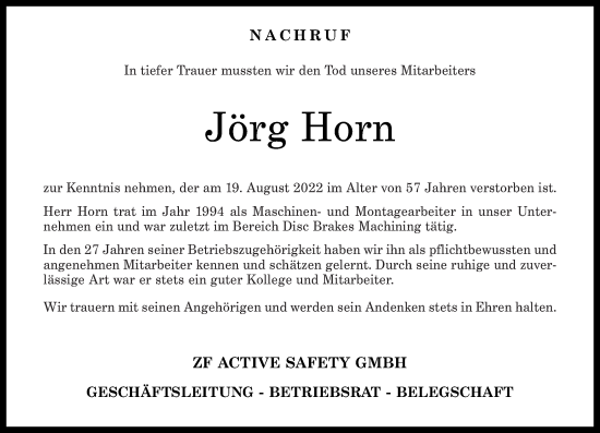 Traueranzeige von Jörg Horn von Rhein-Zeitung