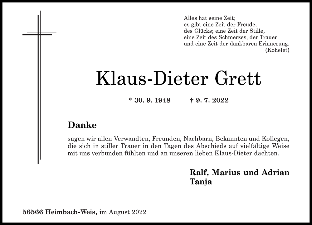  Traueranzeige für Klaus-Dieter Grett vom 06.08.2022 aus Rhein-Zeitung
