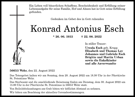 Traueranzeige von Konrad Antonius Esch von Rhein-Zeitung