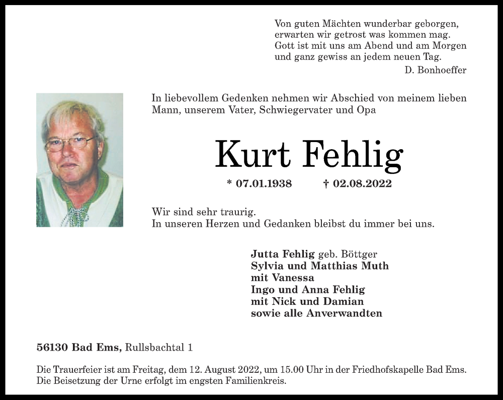  Traueranzeige für Kurt Fehlig vom 06.08.2022 aus Rhein-Lahn-Zeitung