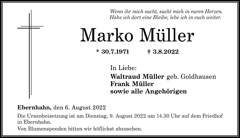  Traueranzeige für Marko Müller vom 06.08.2022 aus Westerwälder Zeitung