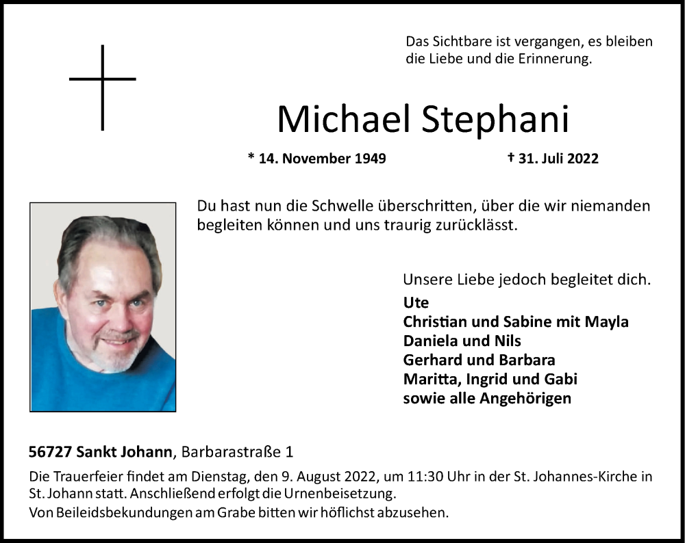  Traueranzeige für Michael Stephani vom 06.08.2022 aus Rhein-Zeitung