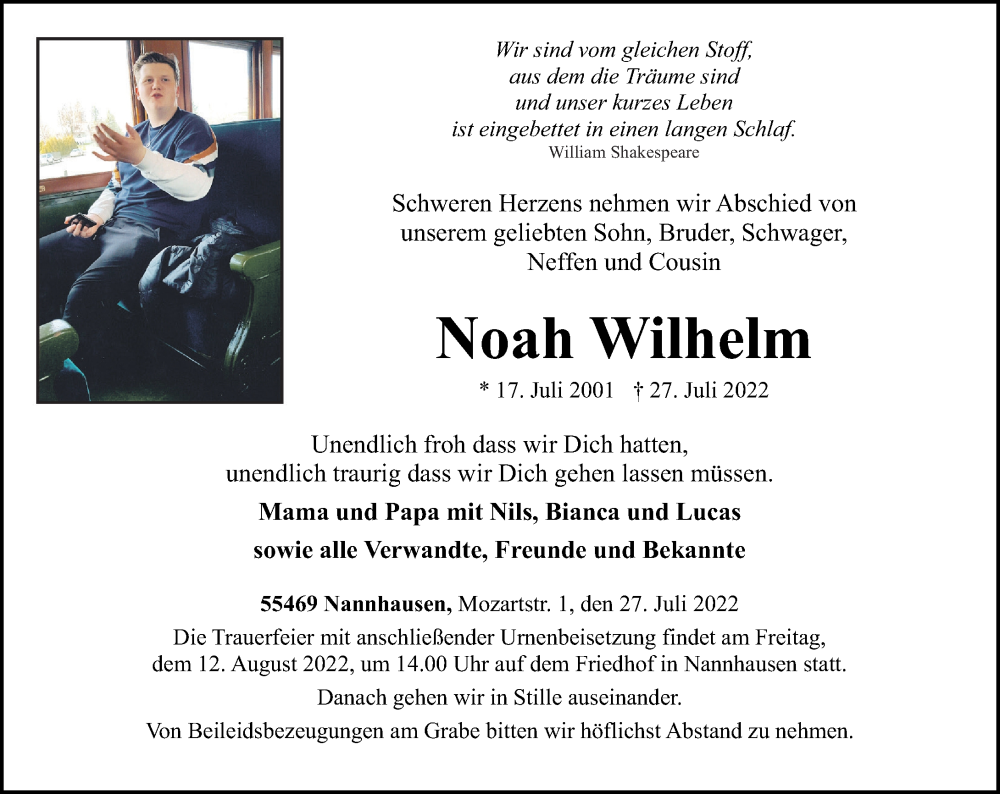  Traueranzeige für Noah Wilhelm vom 06.08.2022 aus Rhein-Hunsrück-Zeitung