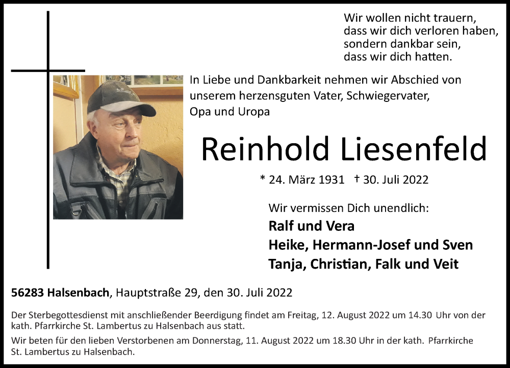  Traueranzeige für Reinhold Liesenfeld vom 06.08.2022 aus Rhein-Hunsrück-Zeitung