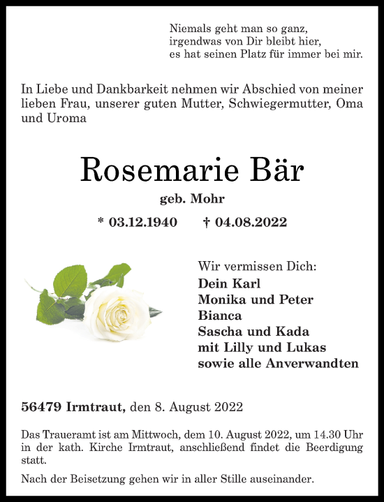 Traueranzeige von Rosemarie Bär von Westerwälder Zeitung